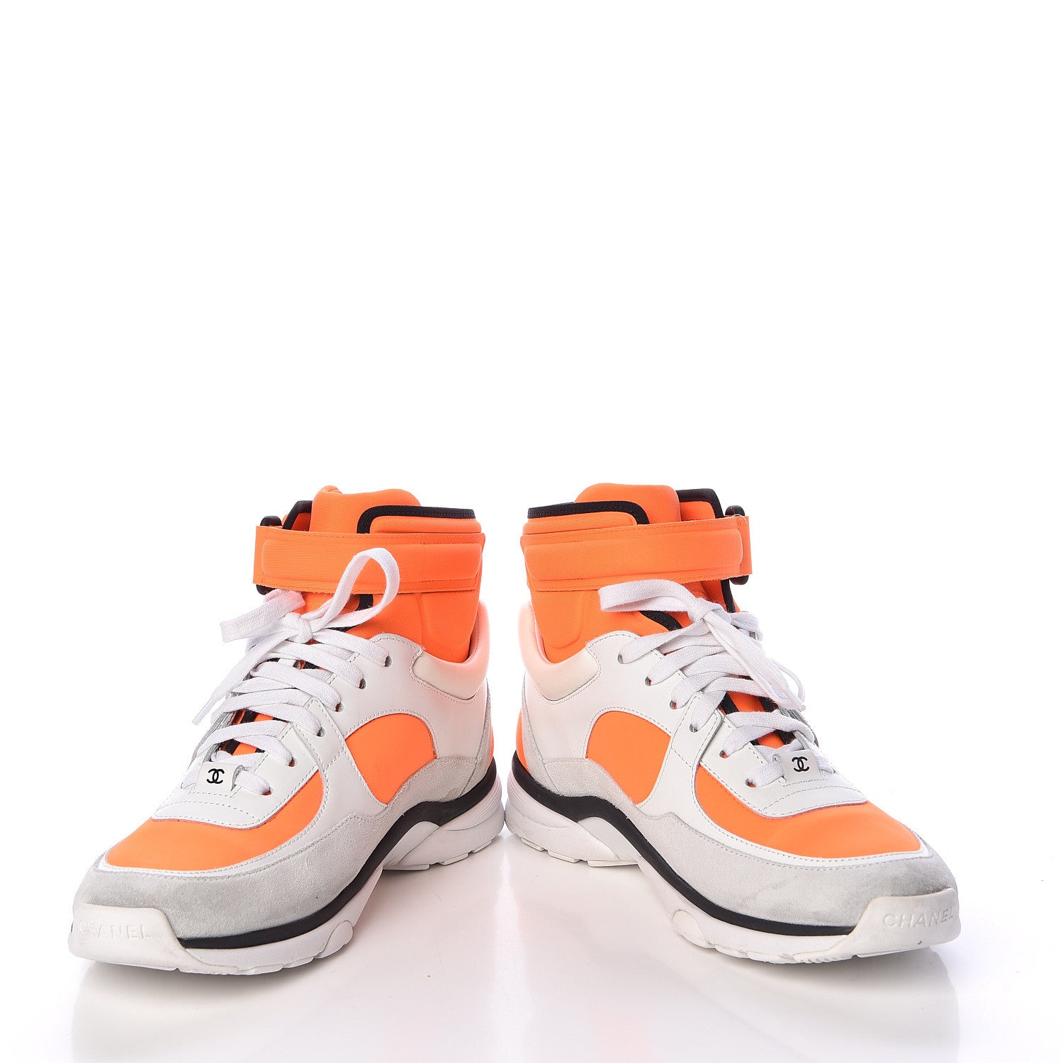 Chanel Suede Calfskin Lambskin Neoprene High Top CC Sneakers 37.5 White Fluo Orange 6 of 15