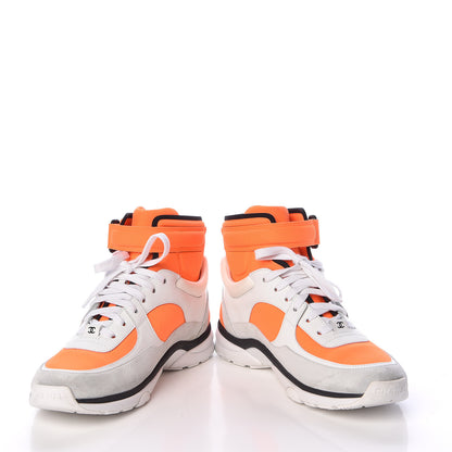 Chanel Suede Calfskin Lambskin Neoprene High Top CC Sneakers 37.5 White Fluo Orange 6 of 15