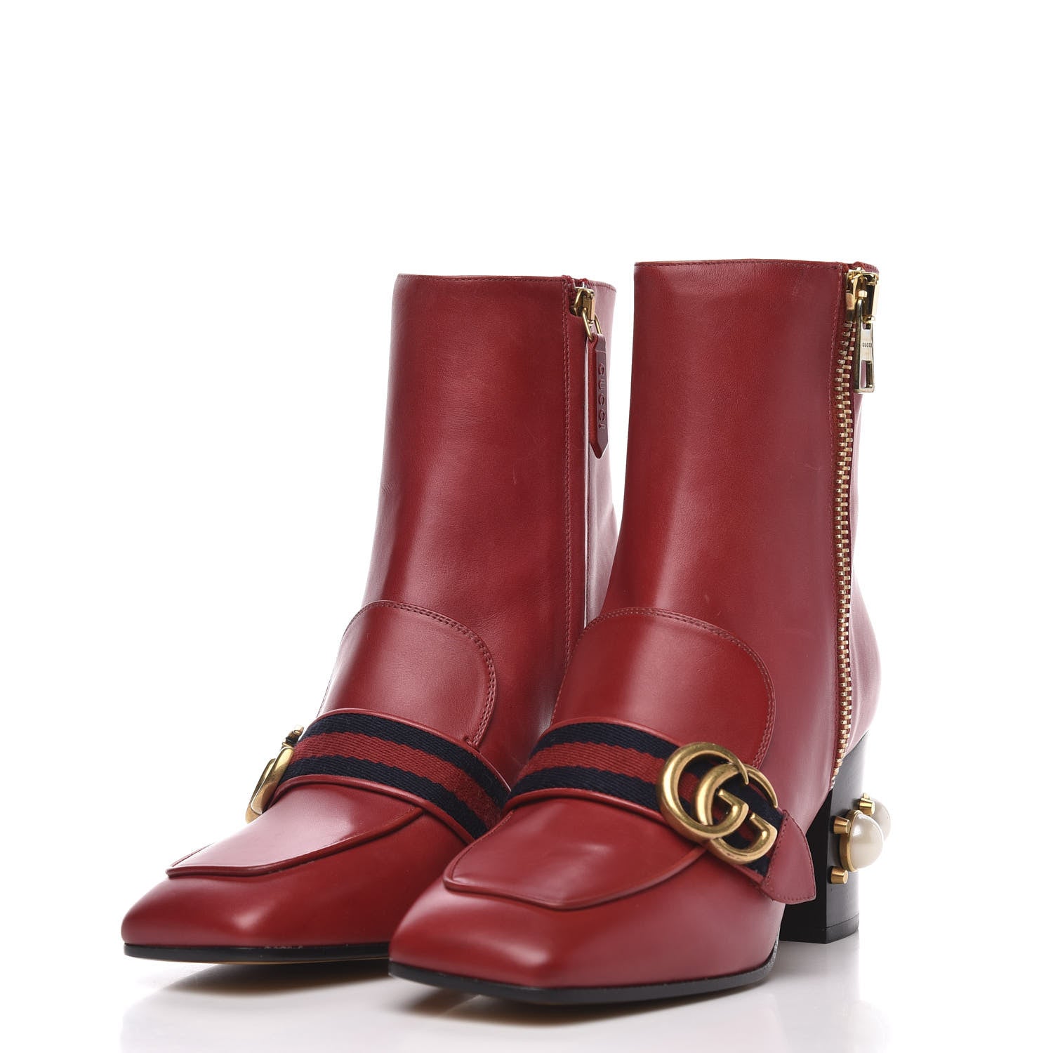 Gucci Calfskin Web Pearl Embellished Peyton Ankle Boots 37 Red 2 of 9
