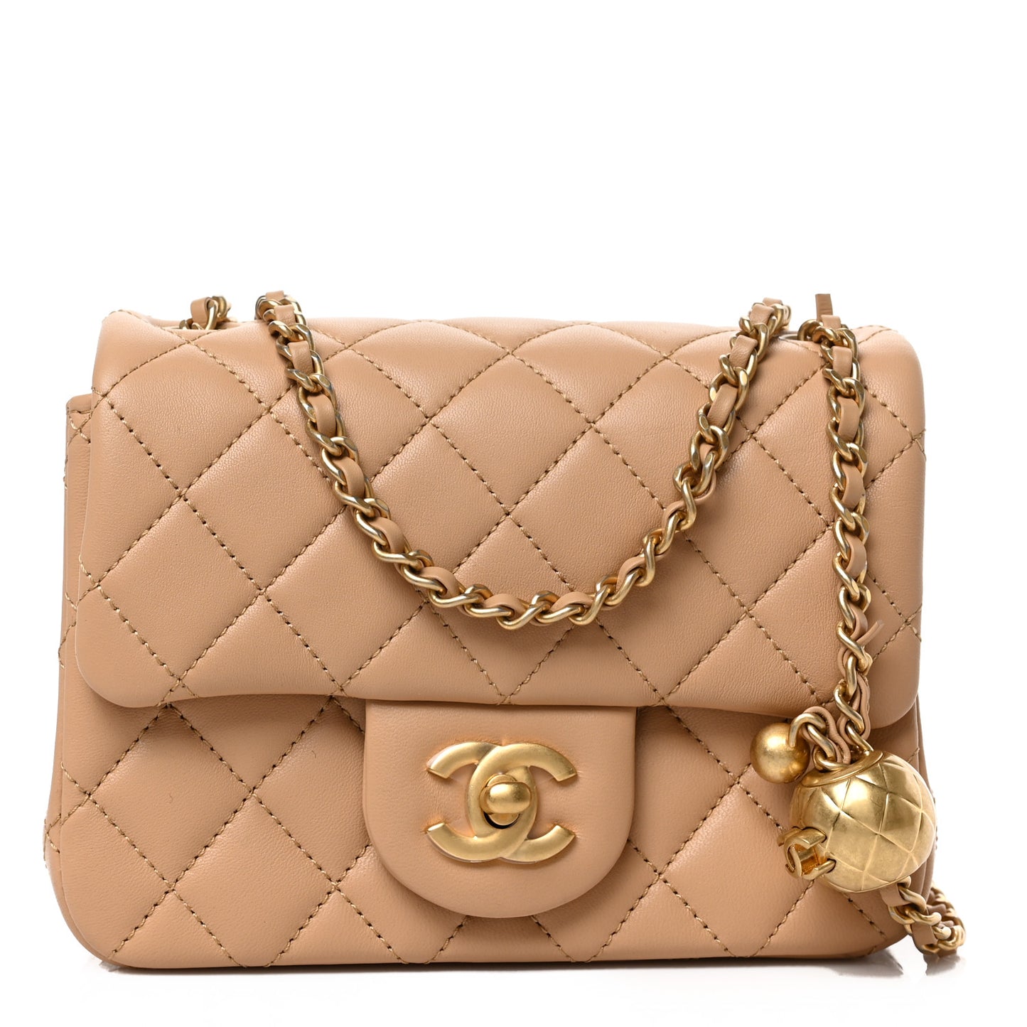Lambskin Quilted Mini Pearl Crush Flap Beige