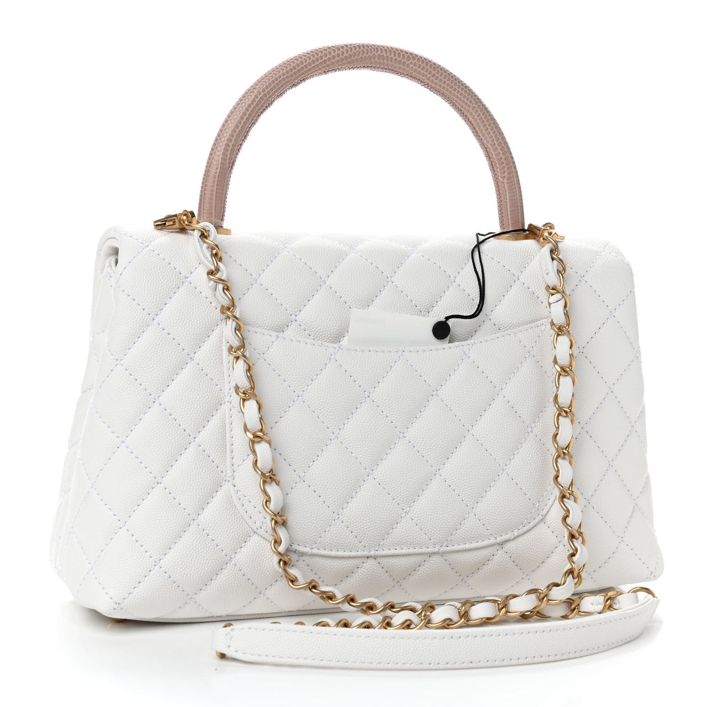 Caviar Lizard Quilted Small Coco Handle Flap White Beige