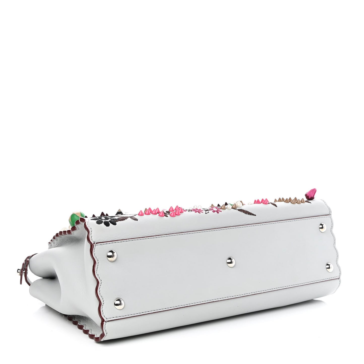 Vitello Seta Shiny Nappa Pearl Scalloped Studded Floral Embroidered Medium Peekaboo Iconic Satchel Grigio Perla Multicolor