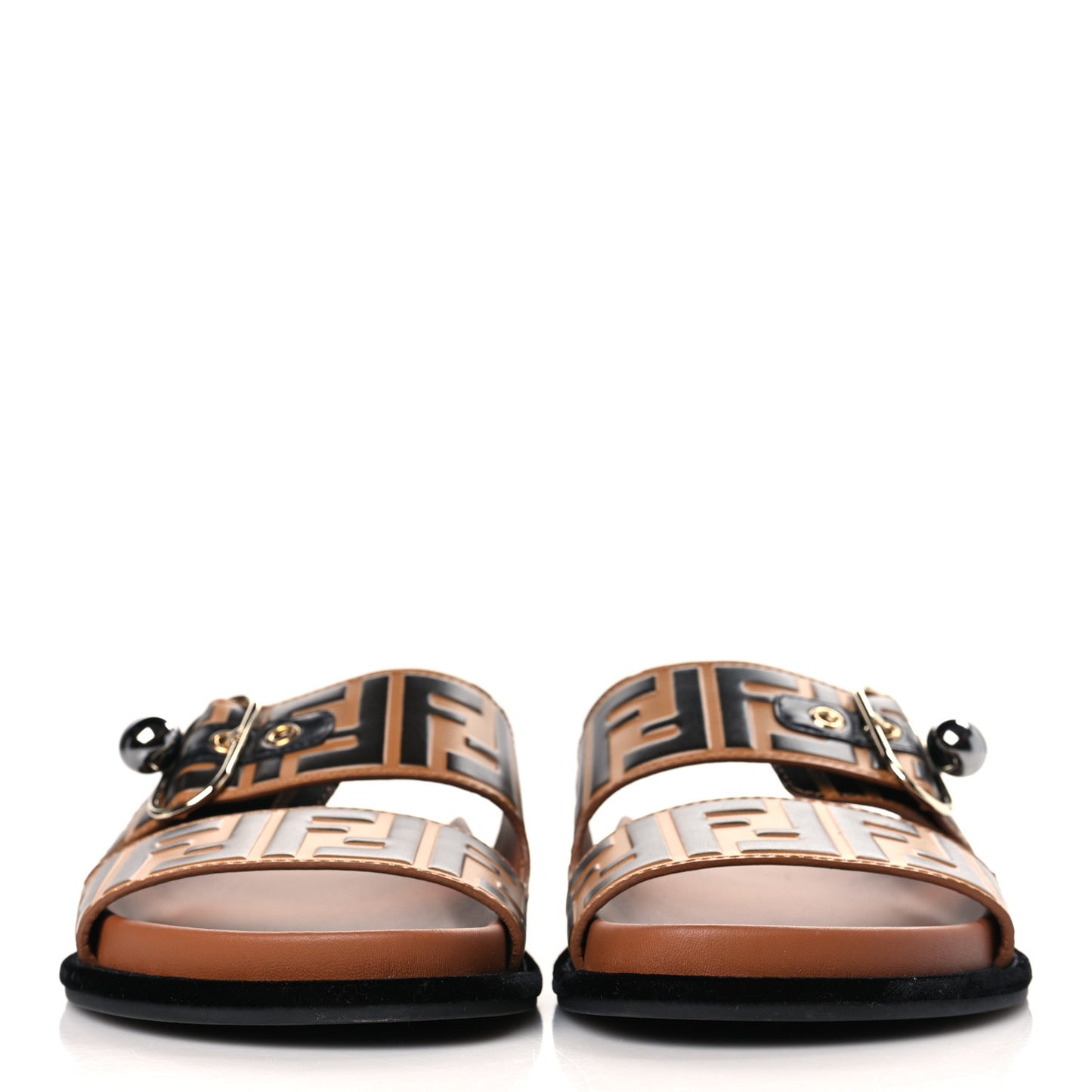 Calfskin FF Embossed Pearland Slide Sandals 39 Tobacco Moro