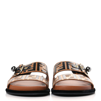 Fendi Calfskin FF Embossed Pearland Slide Sandals 39 Tobacco Moro 2 of 7