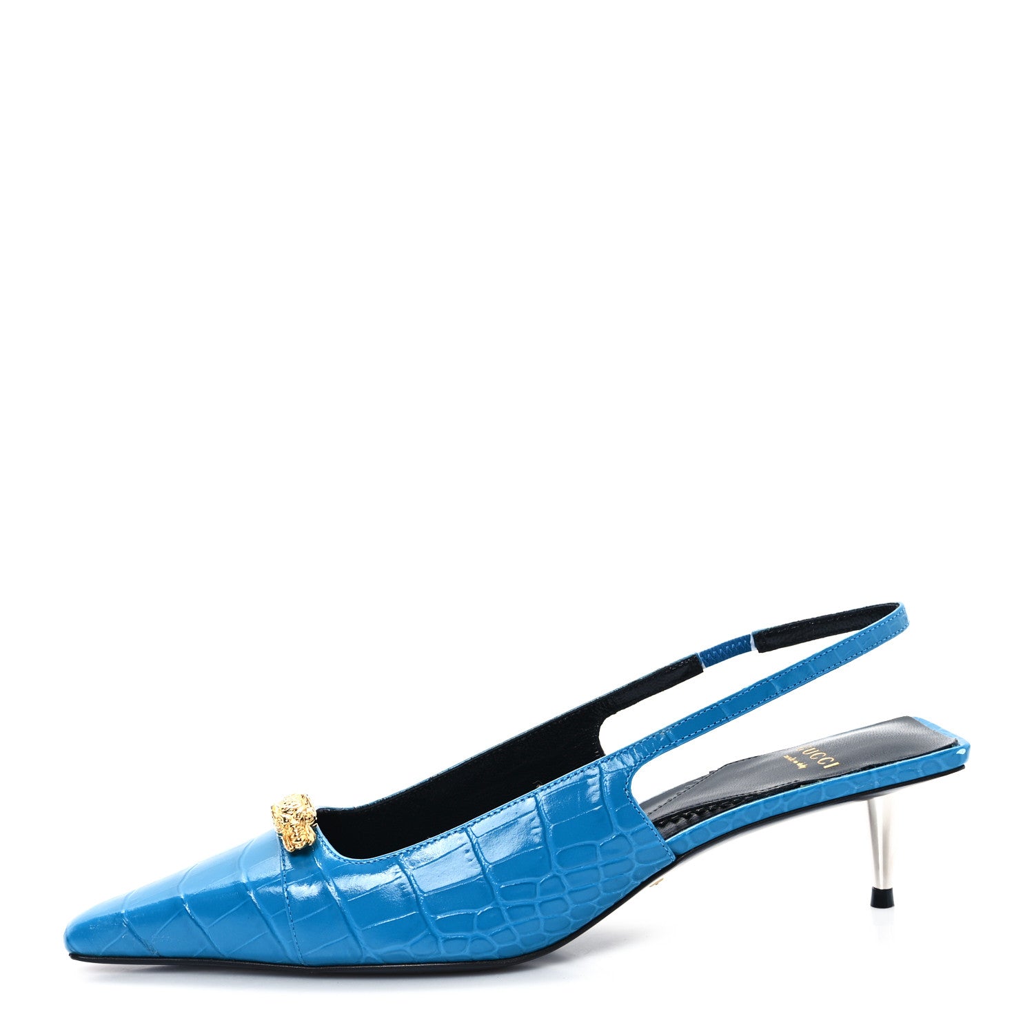 Gucci Calfskin Crocodile Print Square Slingback Pumps 37.5 Bright Sapphire 1 of 10