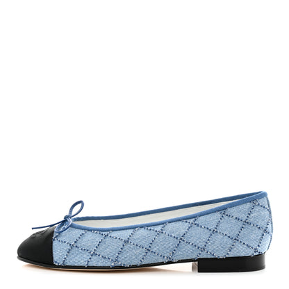 Chanel Denim Embroidered Grosgrain CC Cap Toe Ballerina Flats 37 Blue Black 1 of 9