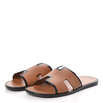 Hermes Calfskin Mens Izmir Sandals 43 Gold Black 3 of 8