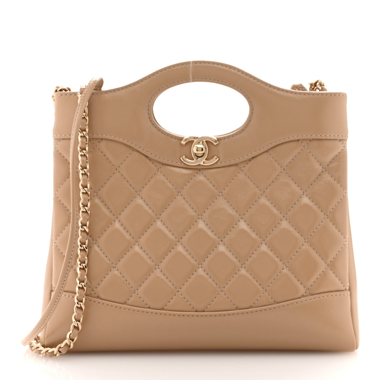 Shiny Crumpled Calfskin Quilted Mini 31 Shopping Bag Dark Beige