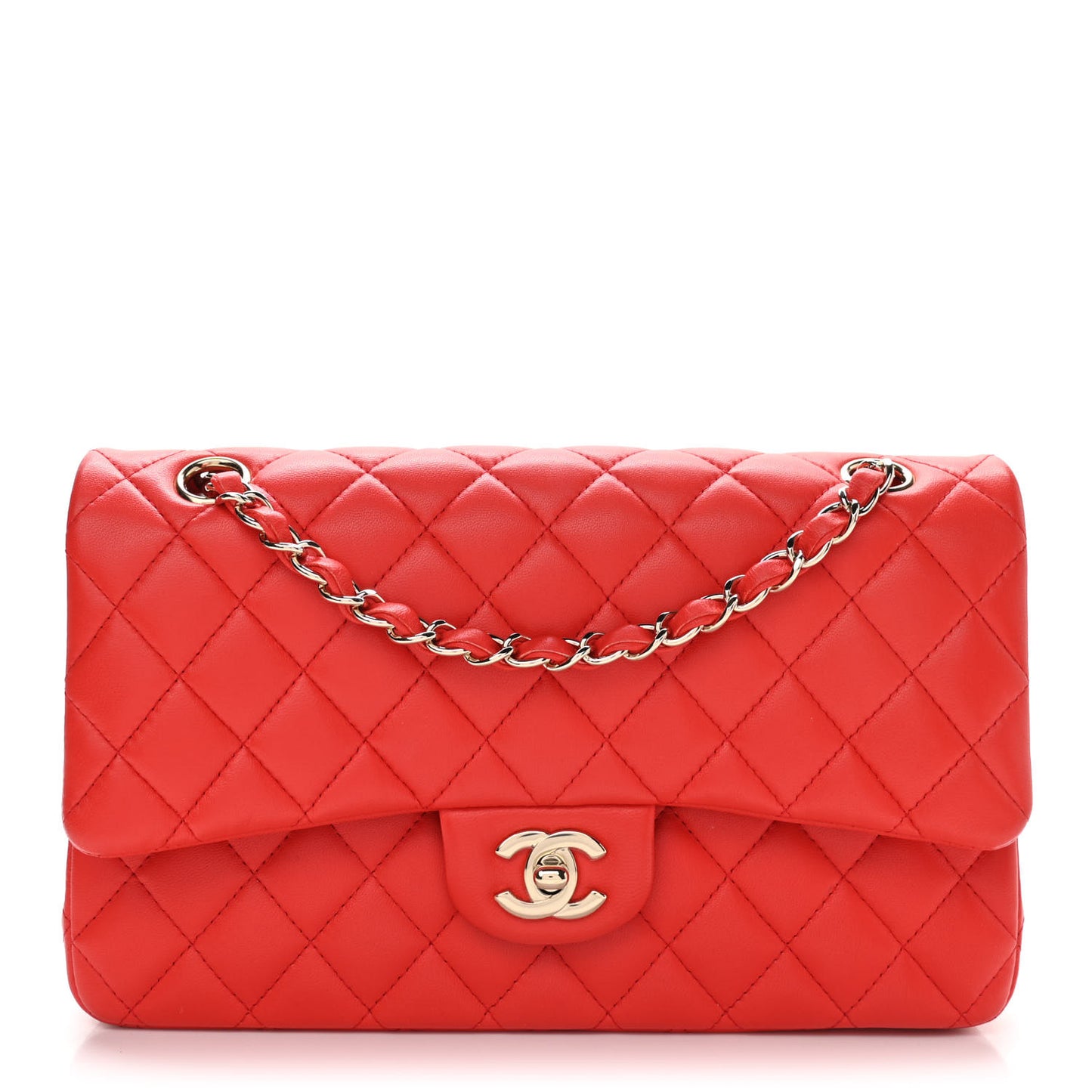 Lambskin Quilted Medium Double Flap Red