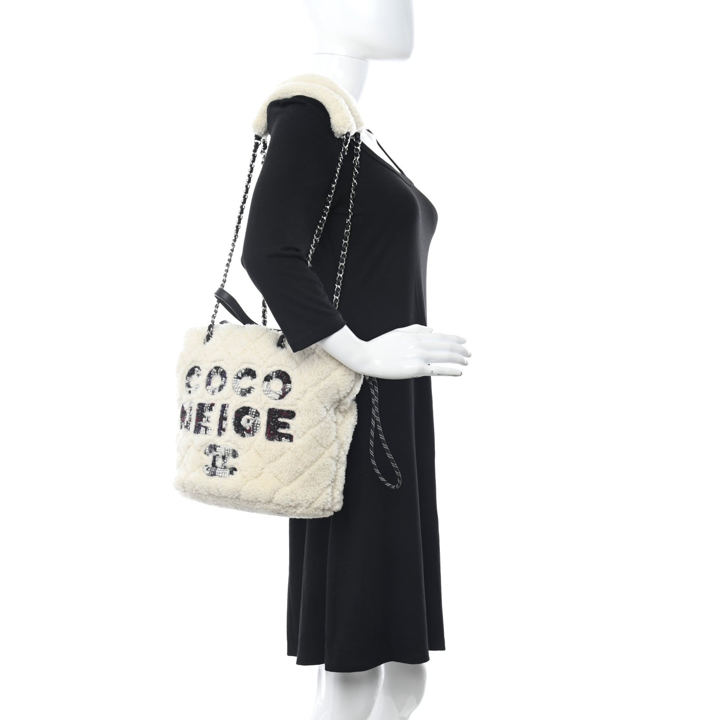 Shearling Sheepskin Tweed Large Coco Neige Tote White Black