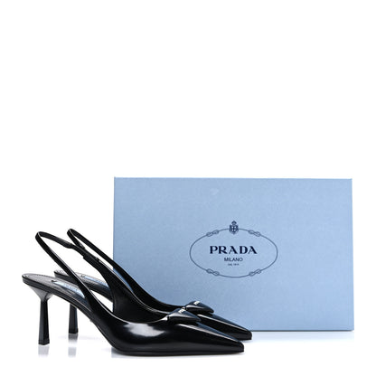 Prada Spazzolato Triangle Logo Pointed Toe 75mm Slingback Pumps 37.5 Black 10 of 10