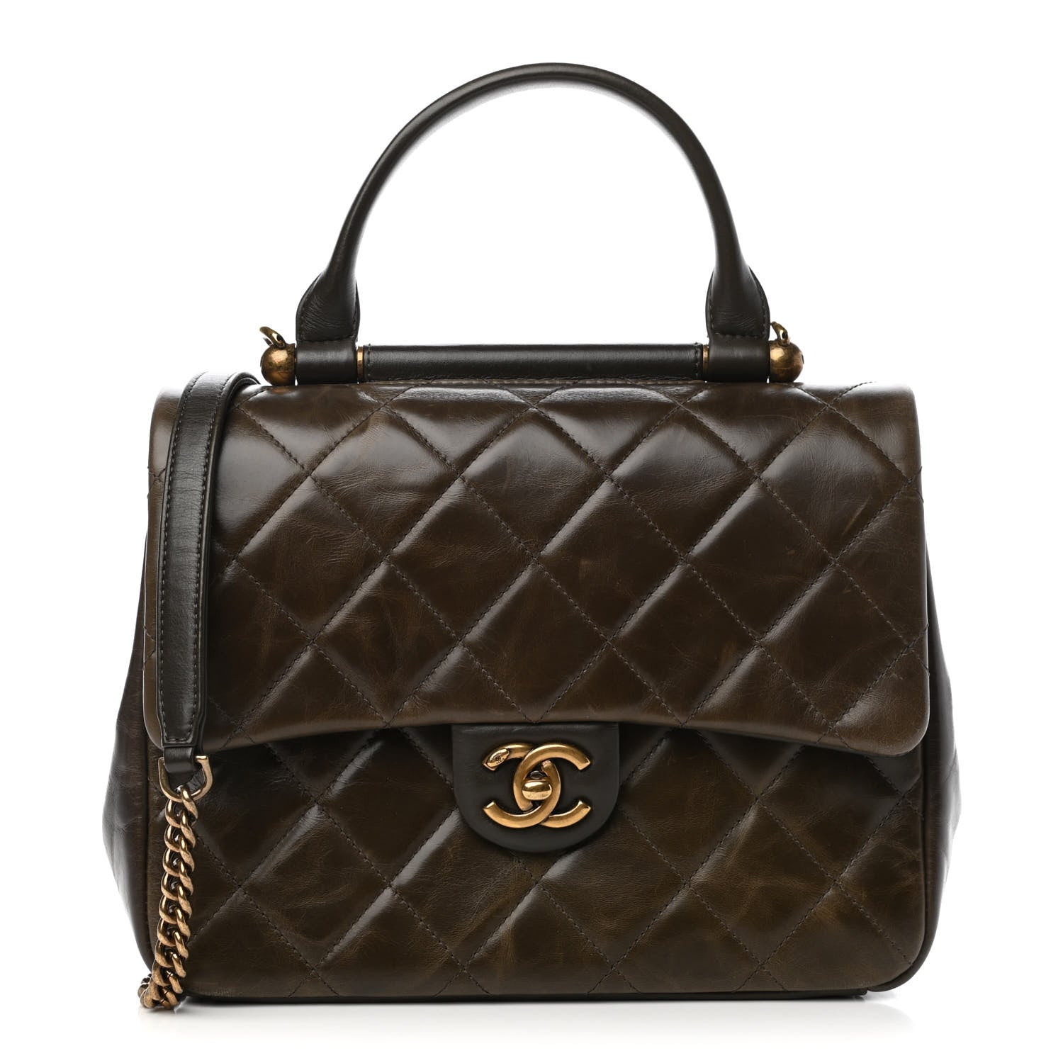 Chanel Calfskin Quilted Medium Gold Bar Top Handle Flap Dark Khaki 1 of 10