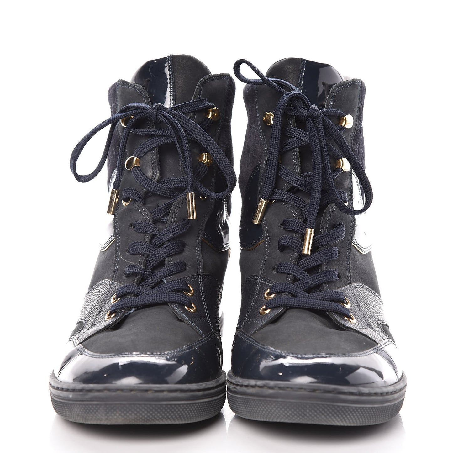 Calfskin Patent Suede Monogram Cliff Top Wedge Sneakers 41Navy