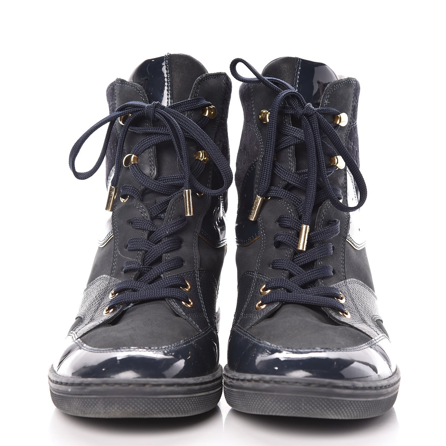 Louis Vuitton Calfskin Patent Suede Monogram Cliff Top Wedge Sneakers 41Navy 2 of 9