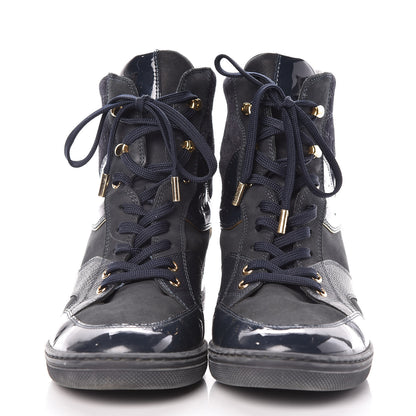 Louis Vuitton Calfskin Patent Suede Monogram Cliff Top Wedge Sneakers 41Navy 2 of 9