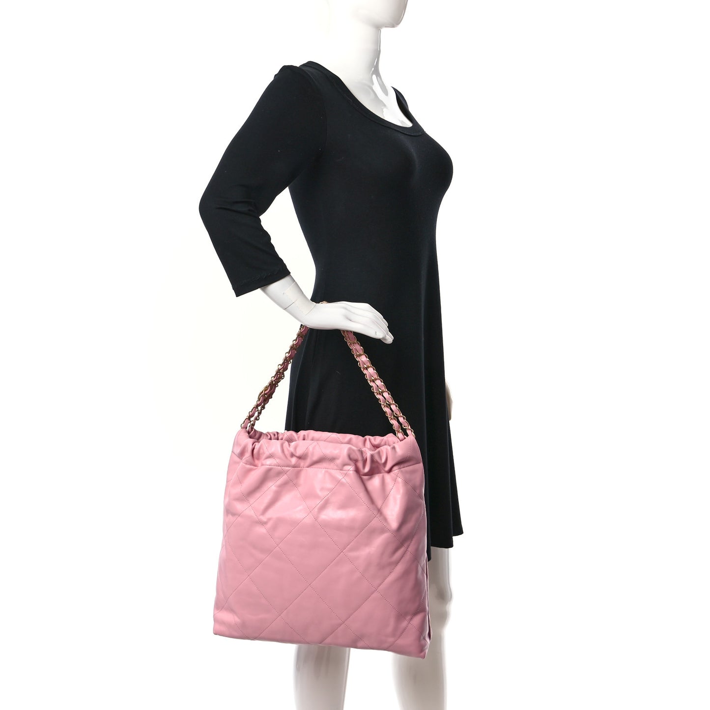 Shiny Calfskin Quilted Chanel 22 Drawstring Bag Light Pink
