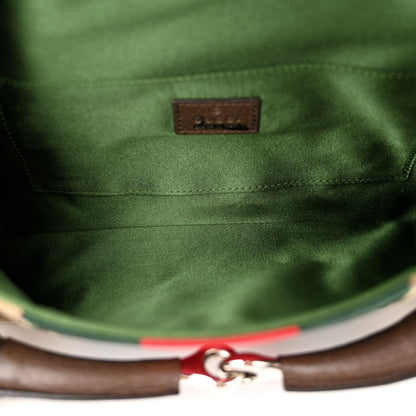 Gucci Monogram Textured Dollar Calfskin Heavy Grosgrain Web Medium Maxi Horsebit Chain Shoulder Bag Beige Ebony New Acero 4 of 10
