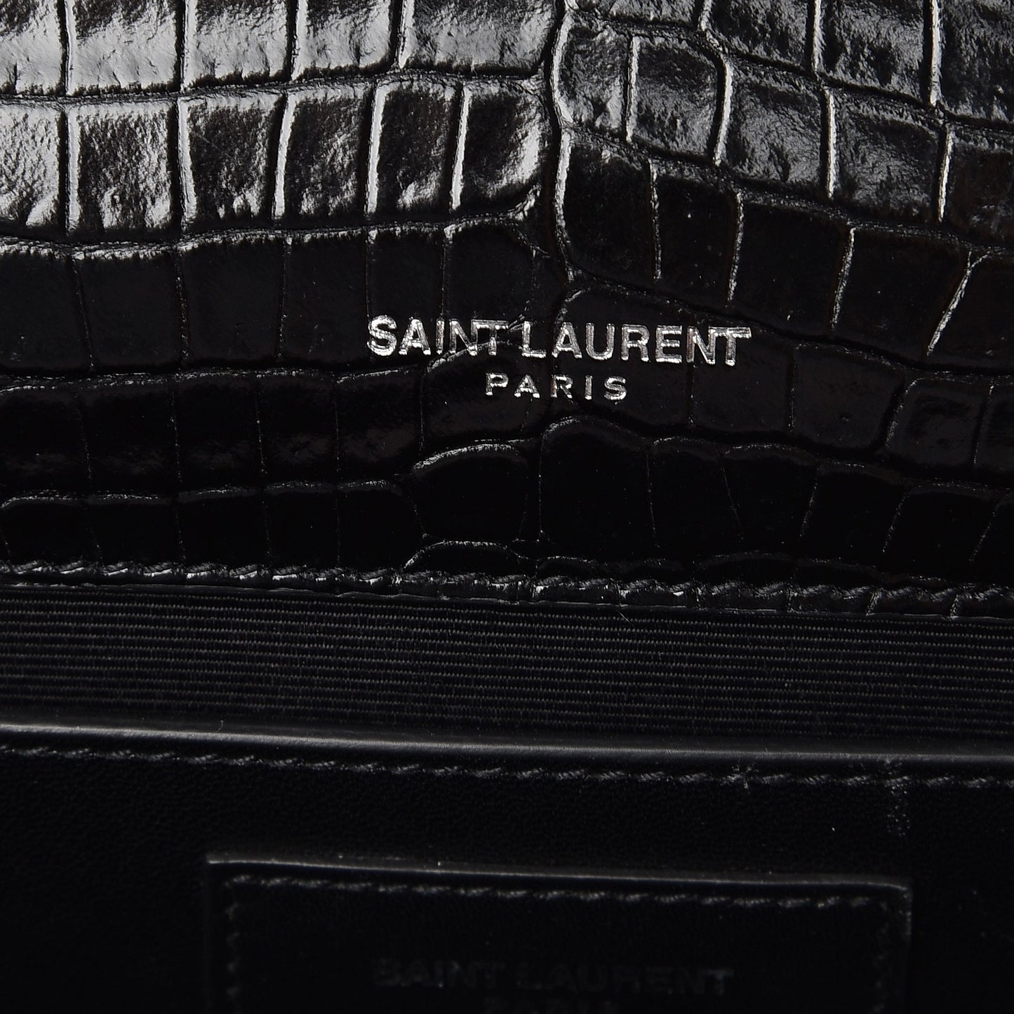 Calfskin Crocodile Embossed Medium Classic Monogram Kate Tassel Satchel Black