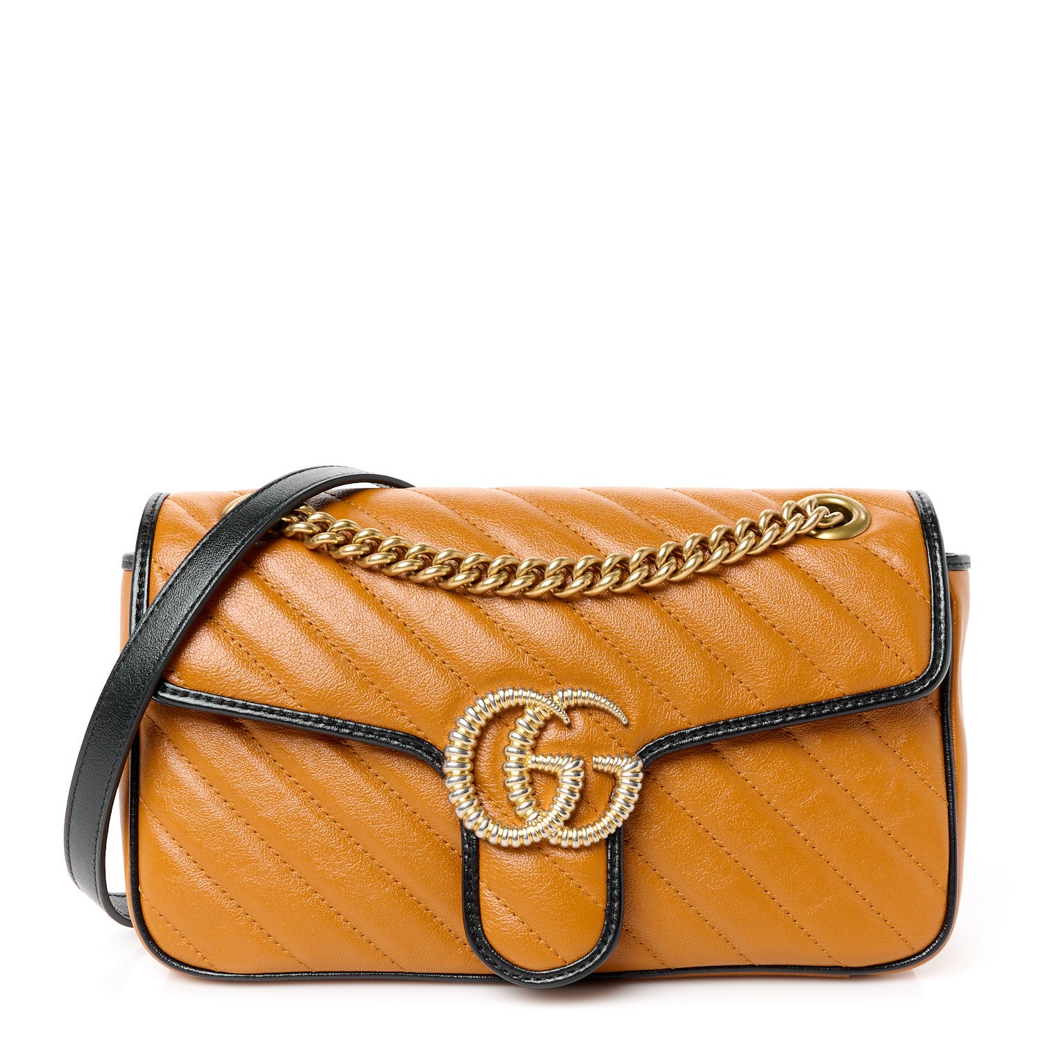 Gucci Vintage Effect Calfskin Matelasse Diagonal Small Torchon GG Marmont Shoulder Bag Cognac Black 1 of 11