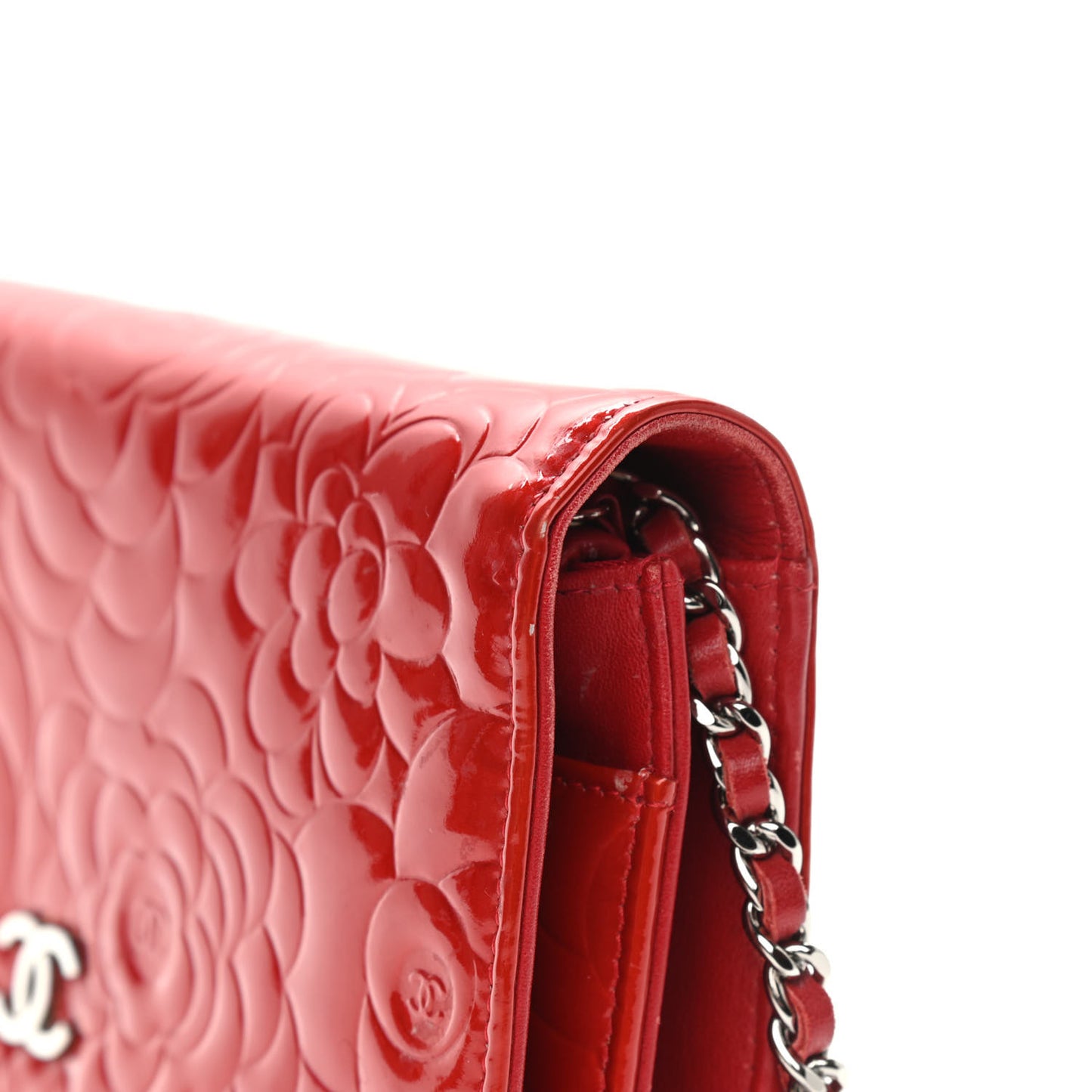 Patent Camellia Embossed Wallet On Chain WOC Red