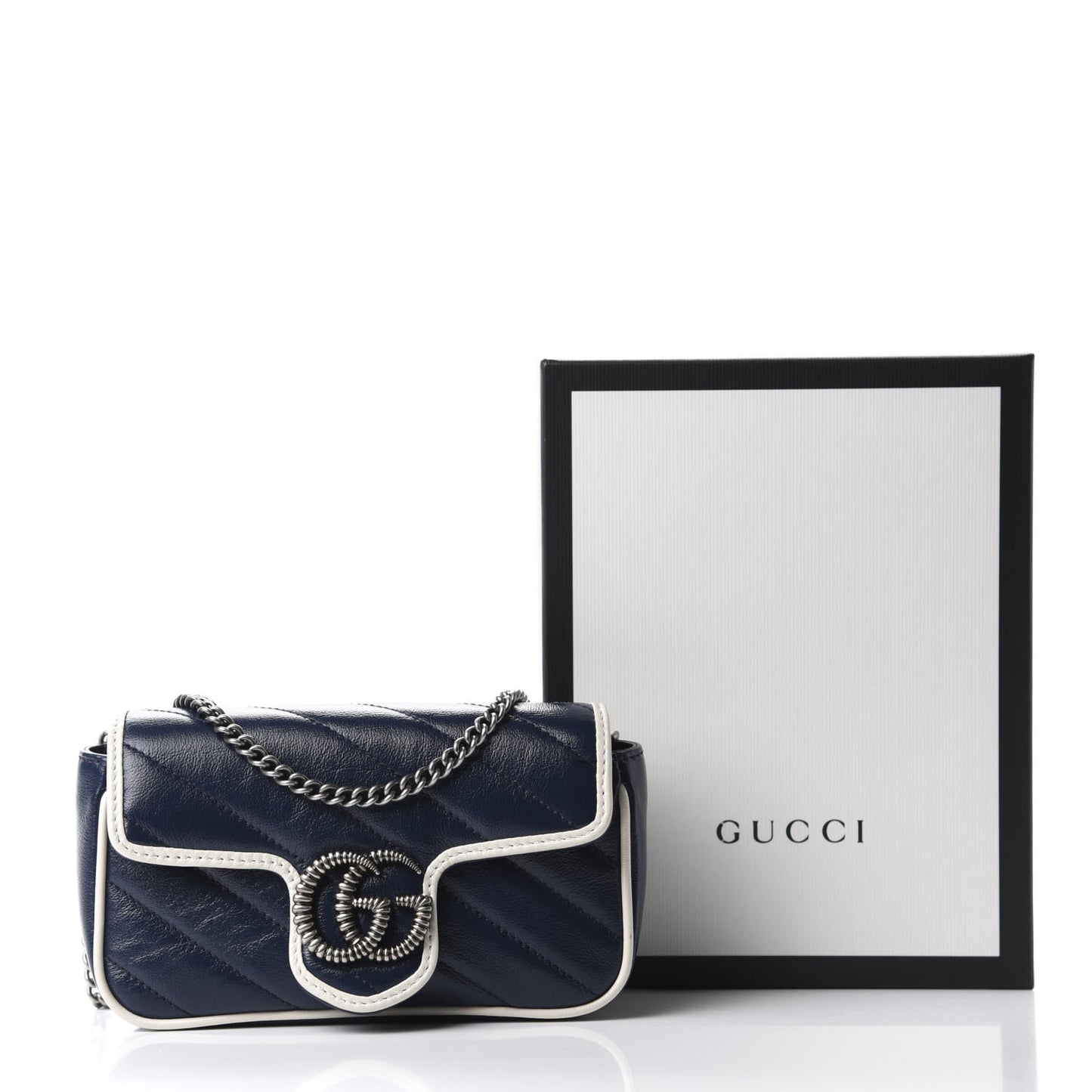 Vintage Effect Calfskin Matelasse Diagonal Super Mini Torchon GG Marmont Shoulder Bag Blue Agata Mystic White