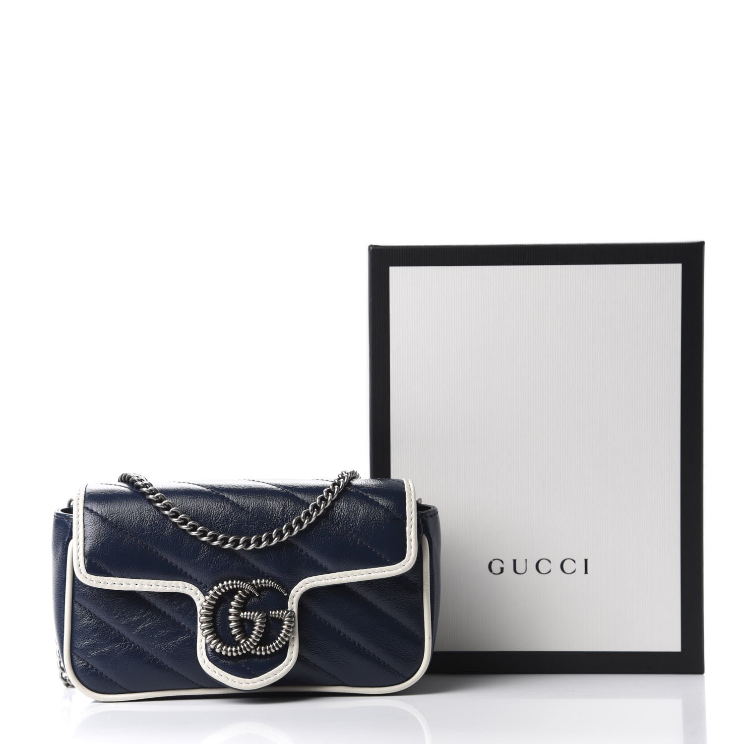 Gucci Vintage Effect Calfskin Matelasse Diagonal Super Mini Torchon GG Marmont Shoulder Bag Blue Agata Mystic White 12 of 12