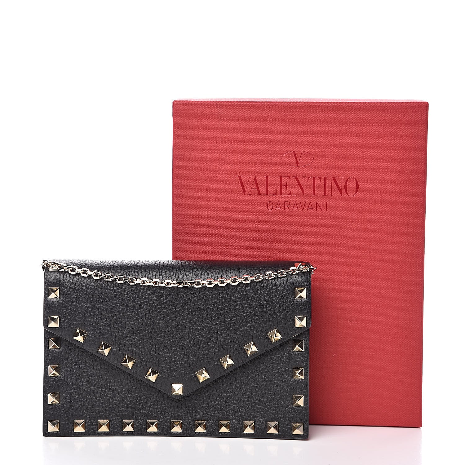 Valentino Garavani Pebbled Calfskin Rockstud Envelope Wallet on Chain Black 10 of 10