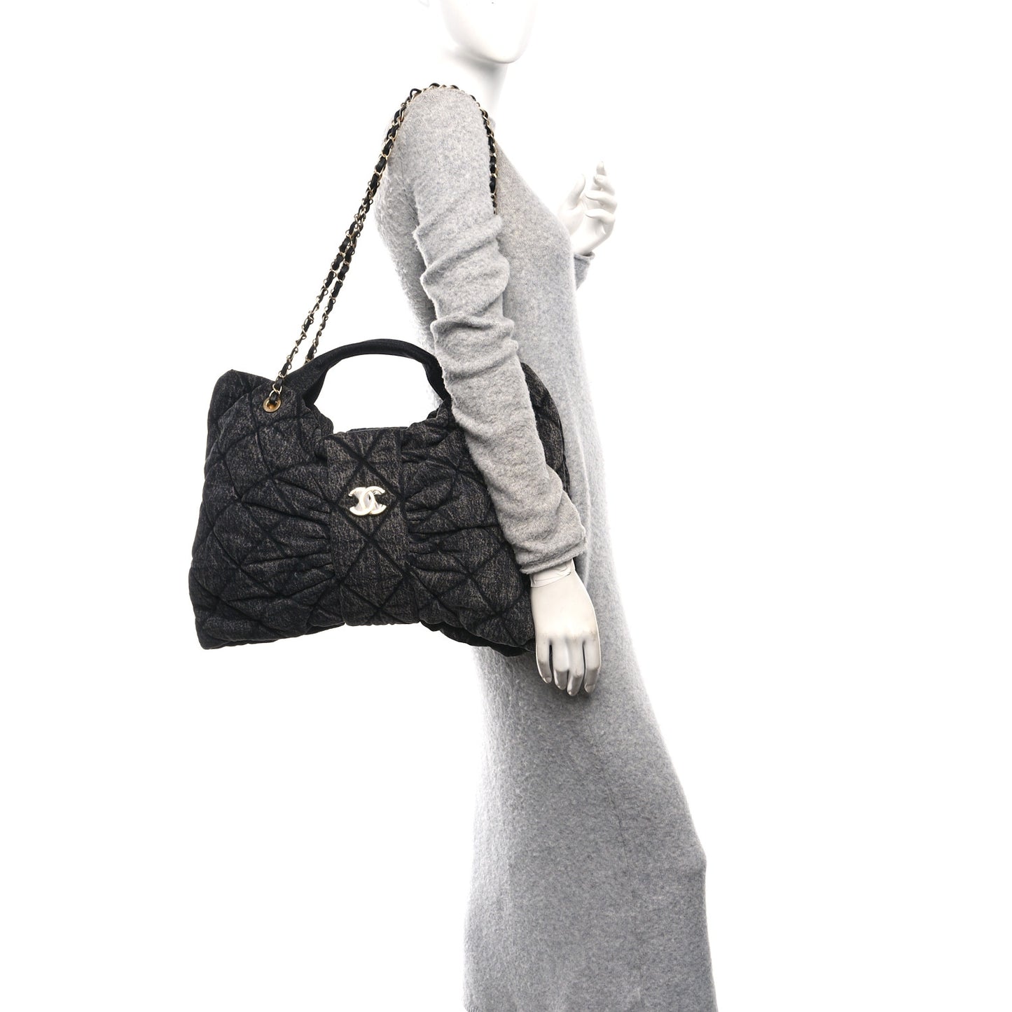 Washed Denim Quilted Maxi Bow Bag Black