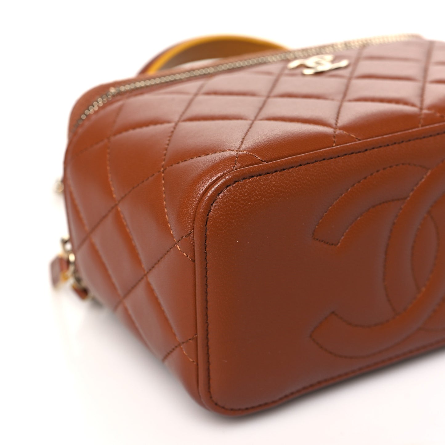 Lambskin Quilted Small Top Handle Vanity Case With Chain Brown Yellow