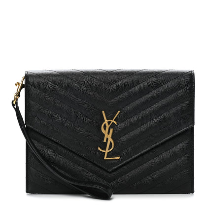 Saint Laurent Grain De Poudre Matelasse Chevron Monogram Envelope Clutch Black 1 of 8