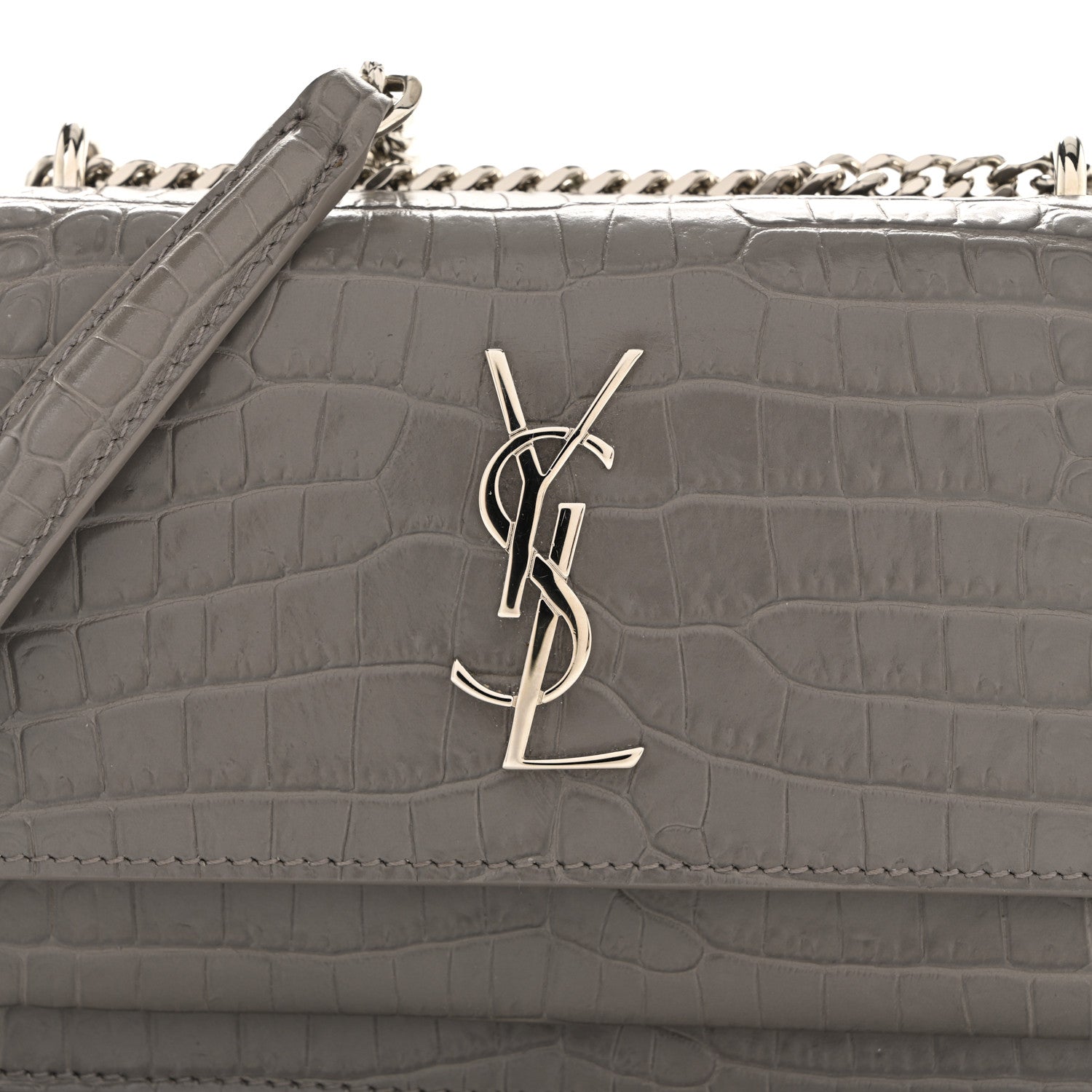 Saint Laurent Calfskin Crocodile Embossed Monogram Sunset Chain Wallet Fog 13 of 14