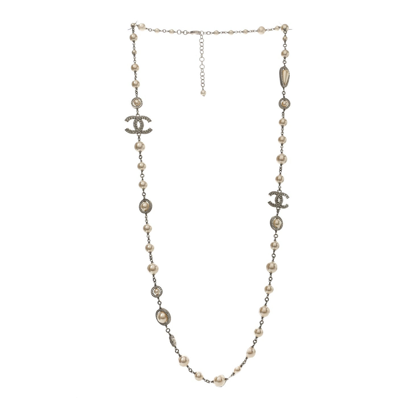 Pearl Crystal CC Long Necklace Silver
