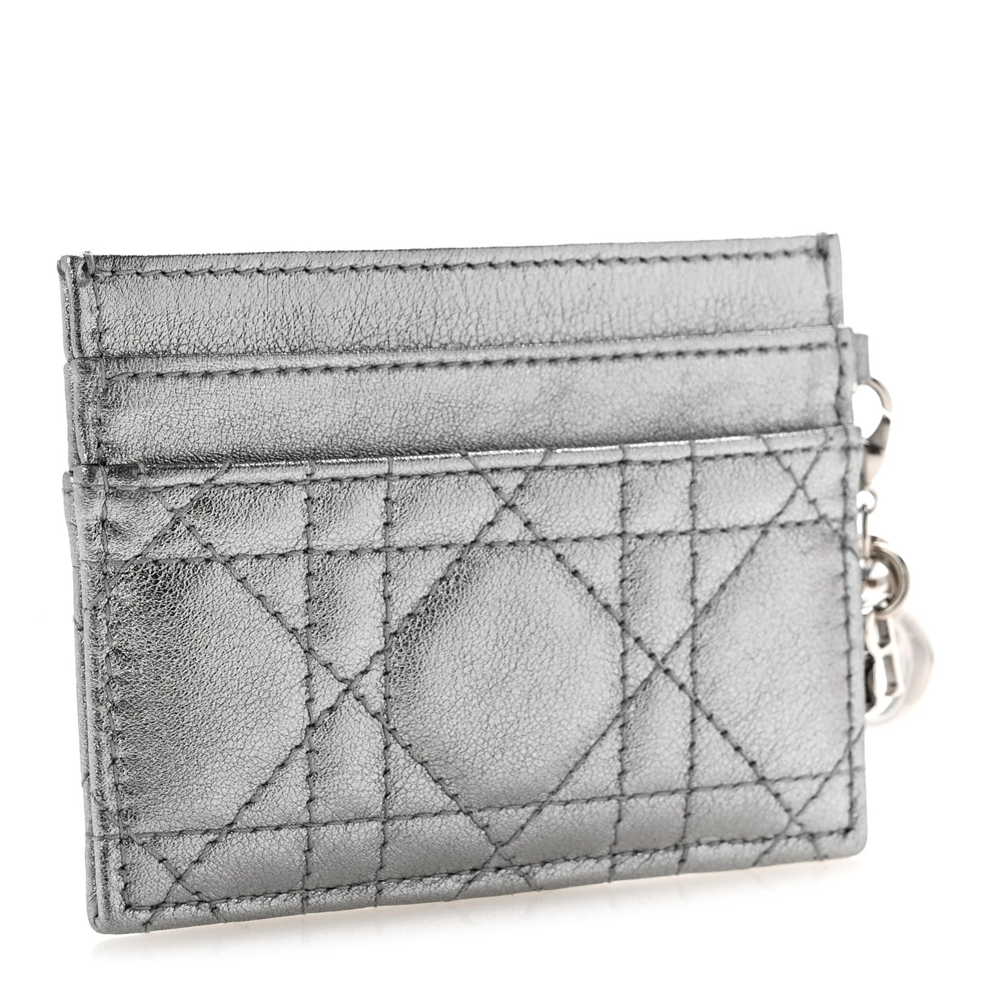 Metallic Calfskin Cannage Lady Dior Freesia Card Holder Acciaio Metal