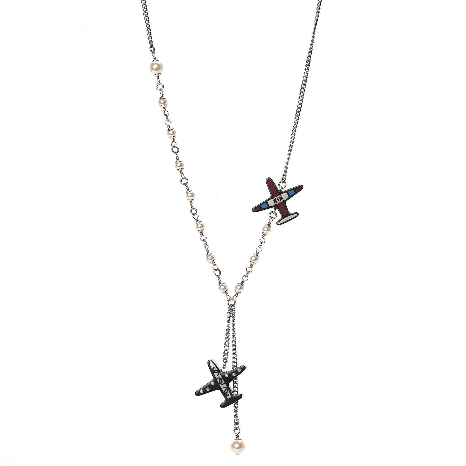 Chanel Resin Pearl Striped Airplane Necklace Black White Multi 1 of 5
