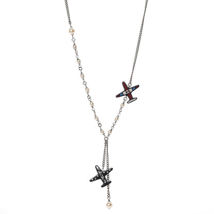 Chanel Resin Pearl Striped Airplane Necklace Black White Multi 1 of 5