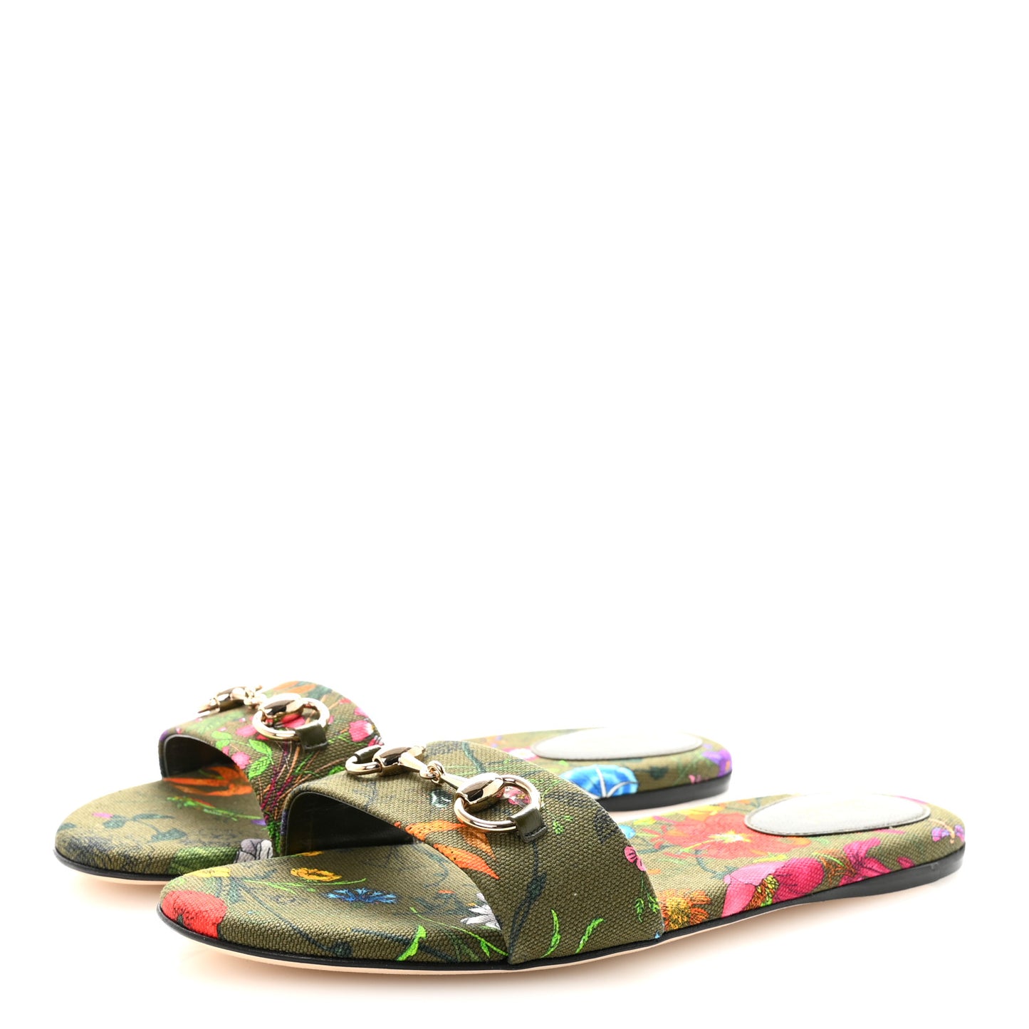 Canvas Flora Print Horsebit Slide Sandals 39 Dark Green