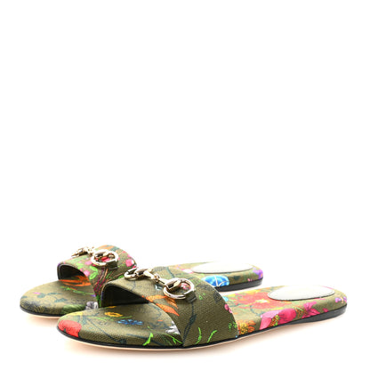 Gucci Canvas Flora Print Horsebit Slide Sandals 39 Dark Green 4 of 10