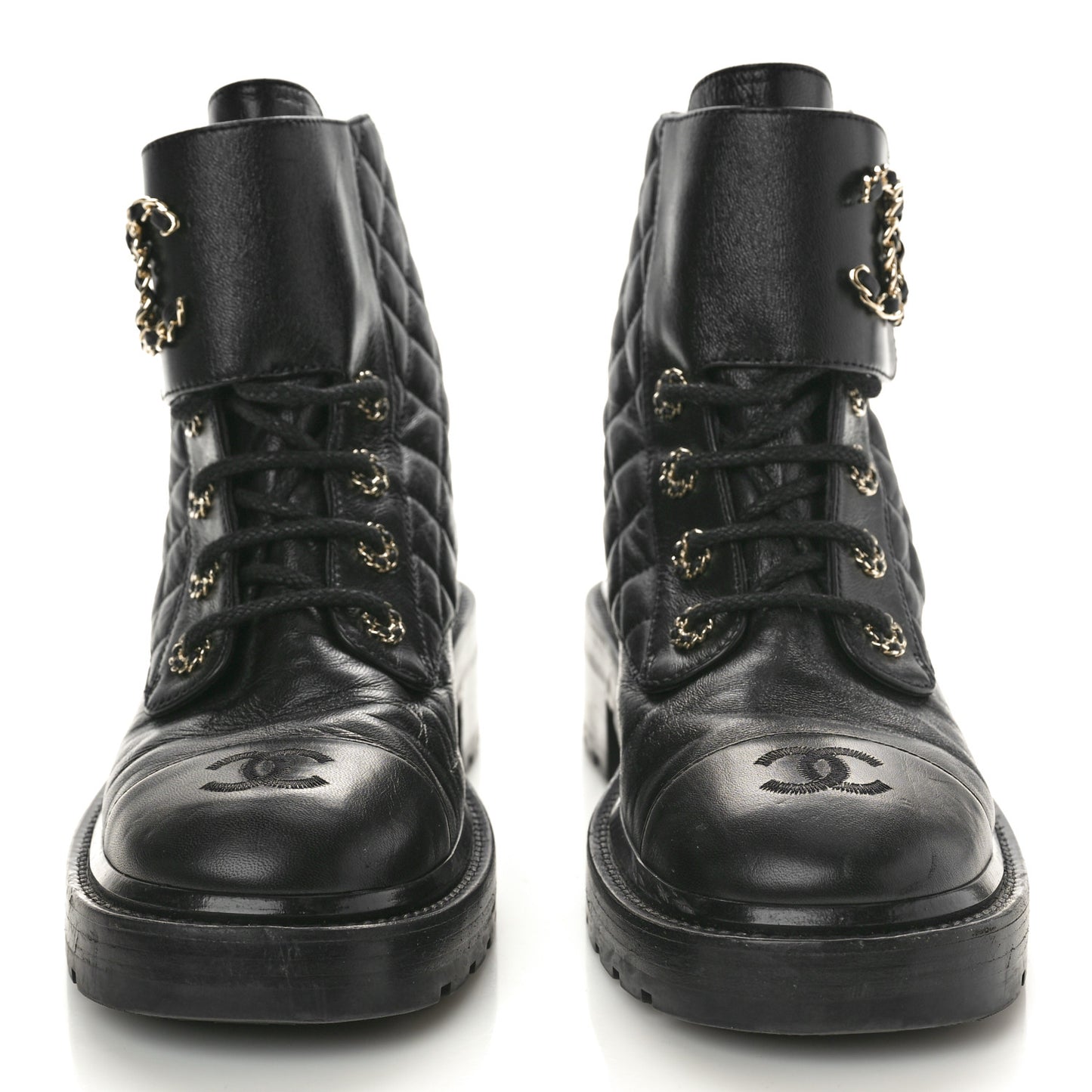 Shiny Lambskin Quilted Lace Up Combat Boots 40 Black