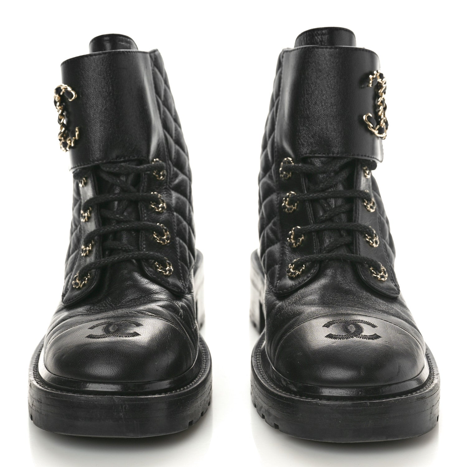 Chanel Shiny Lambskin Quilted Lace Up Combat Boots 40 Black 2 of 9
