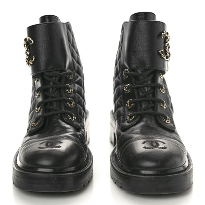 Chanel Shiny Lambskin Quilted Lace Up Combat Boots 40 Black 2 of 9