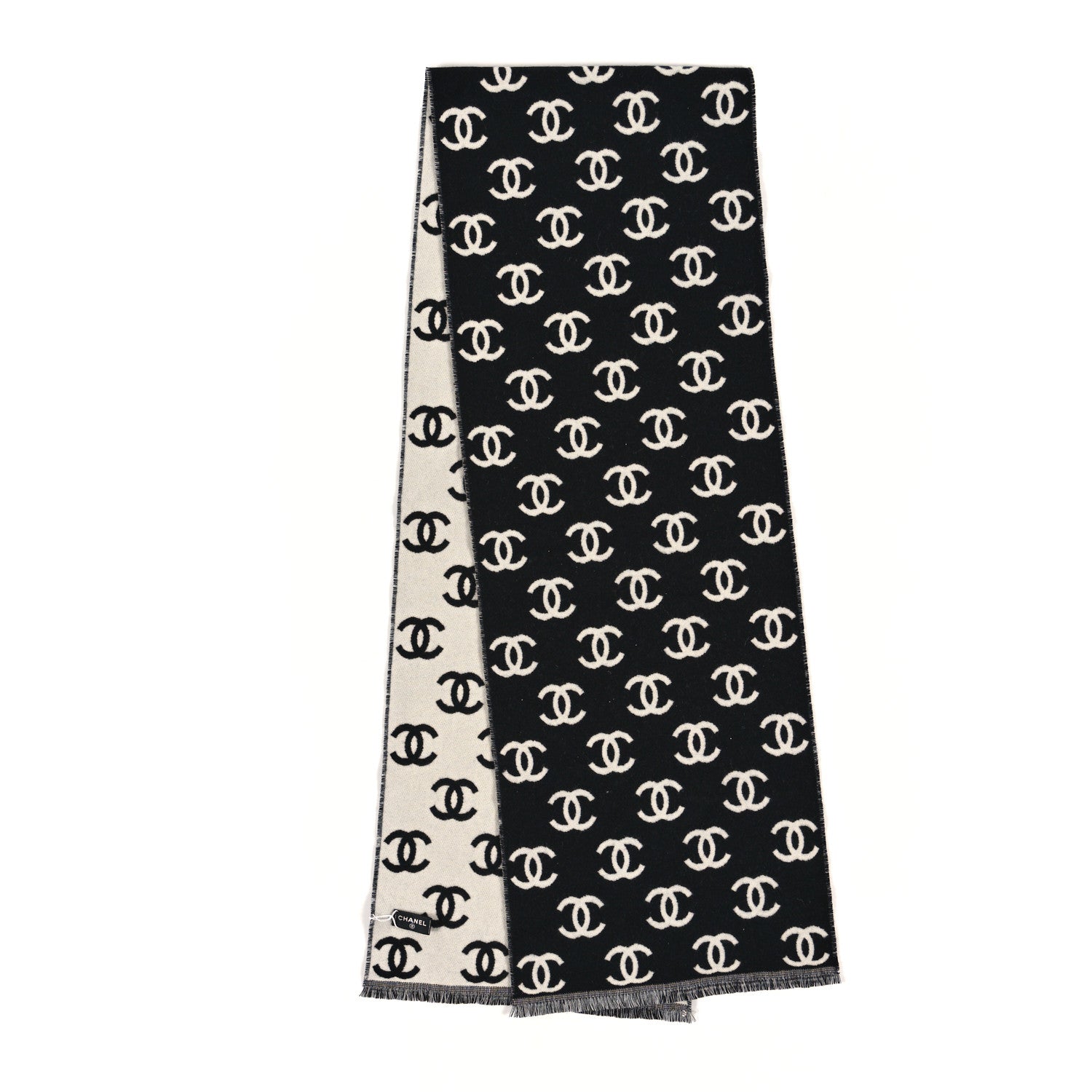 Chanel Wool Cashmere CC Scarf Black White 2 of 3