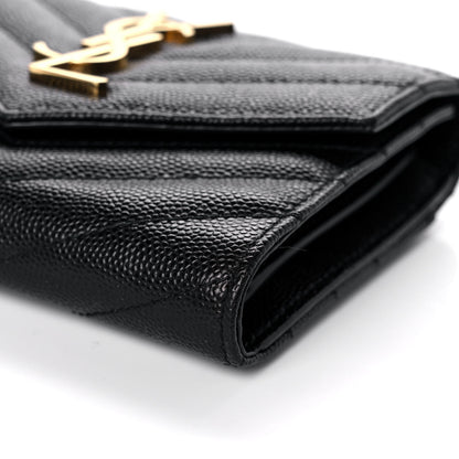 Saint Laurent Grain De Poudre Matelasse Chevron Monogram Compact Tri Fold Wallet Black 10 of 12