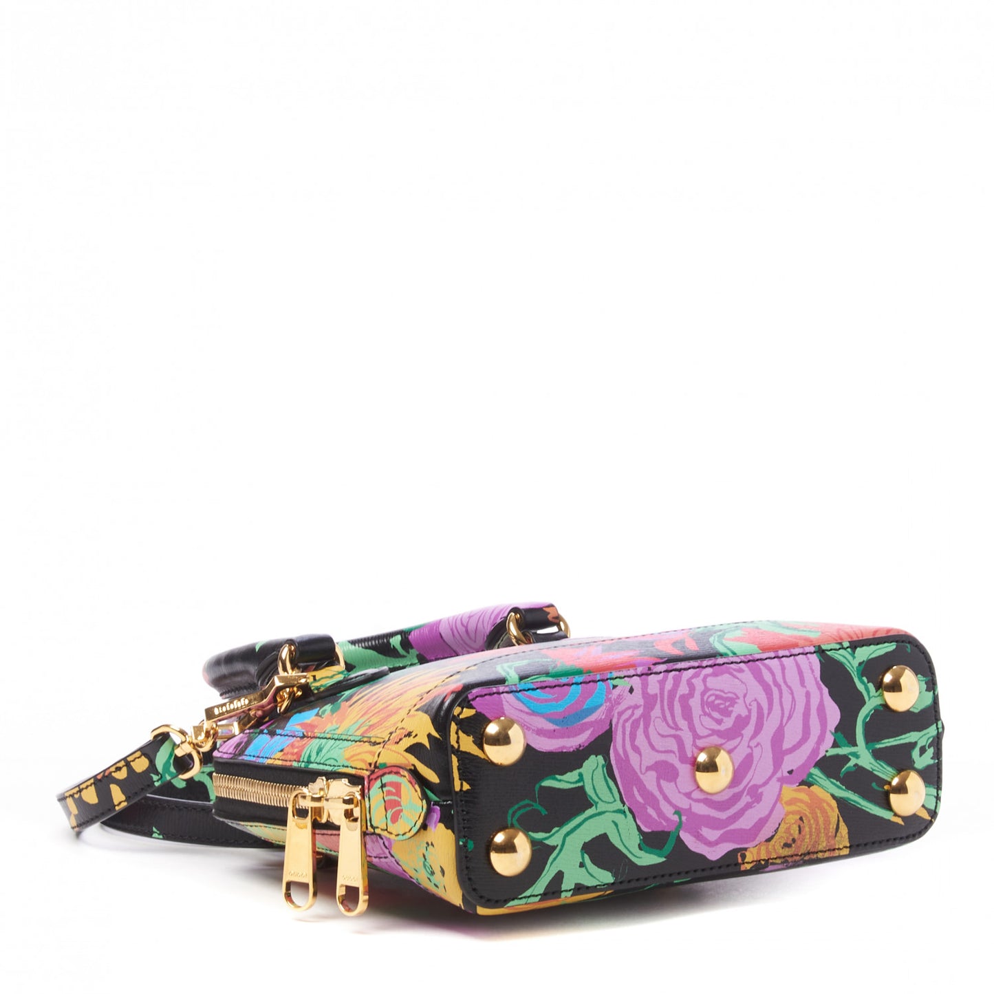 X KEN SCOTT New Shangai Calfskin Jenny Floral Print Mini Horsebit 1955 Top Handle Bag Black Pink