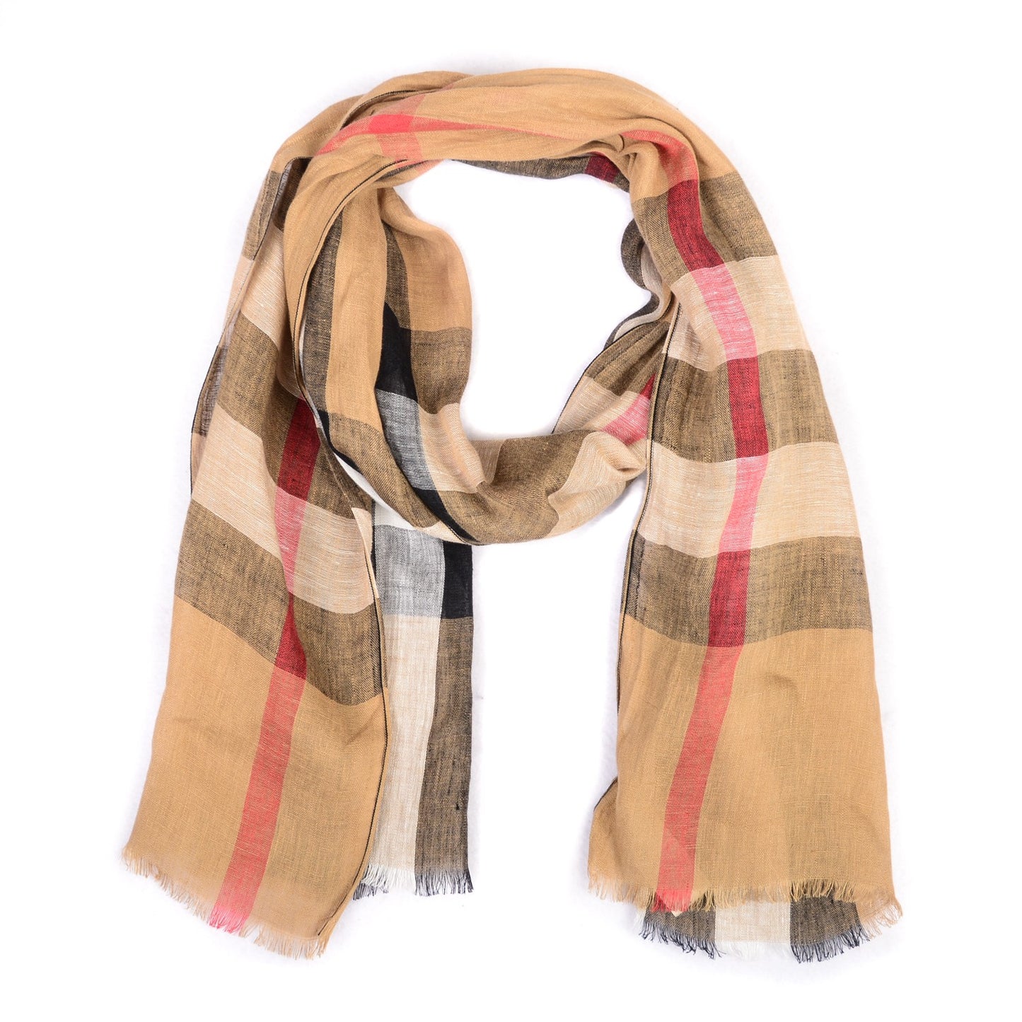 Linen Check Lightweight Scarf Camel