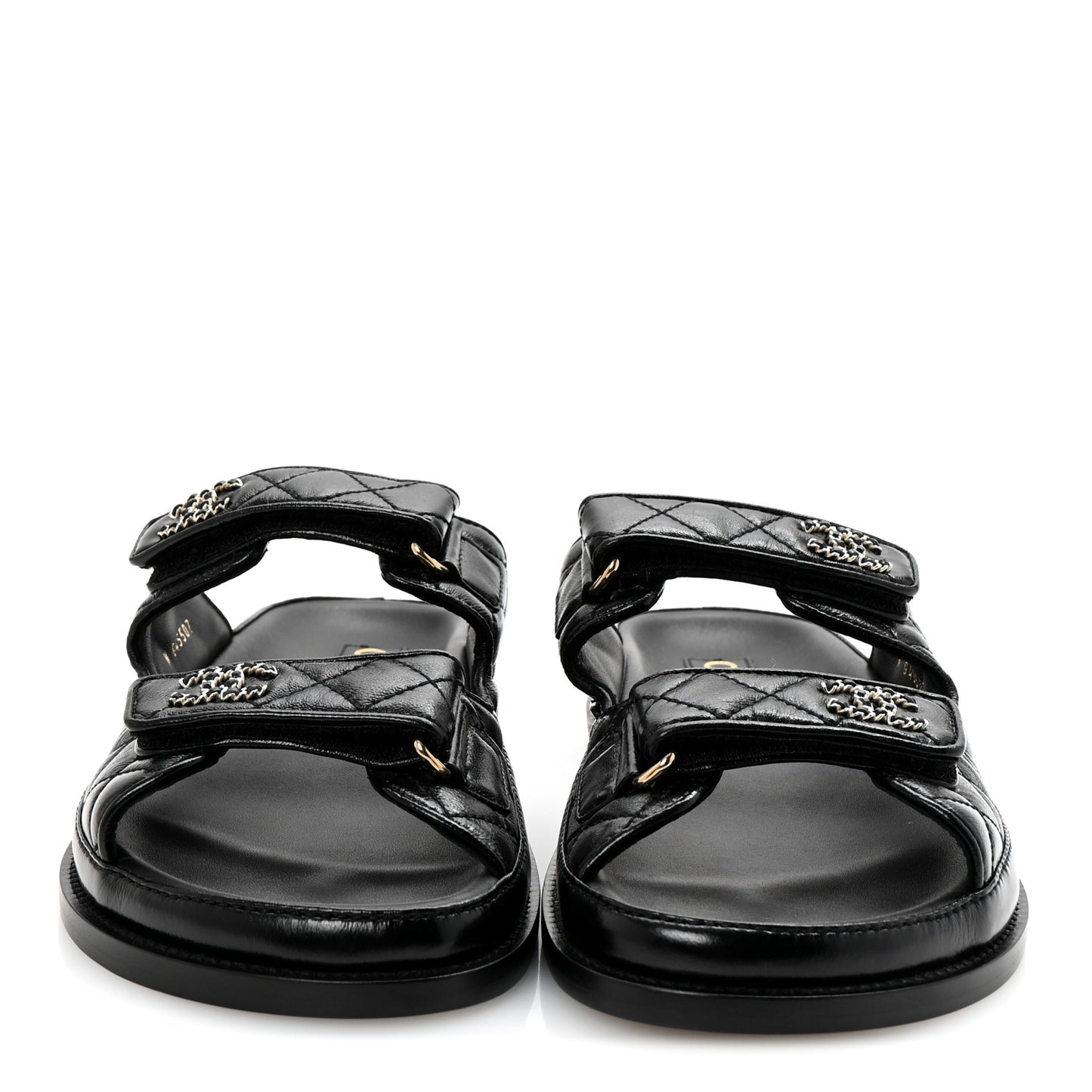 Lambskin Quilted Velcro Dad Chain CC Slide Sandals 38.5 Black