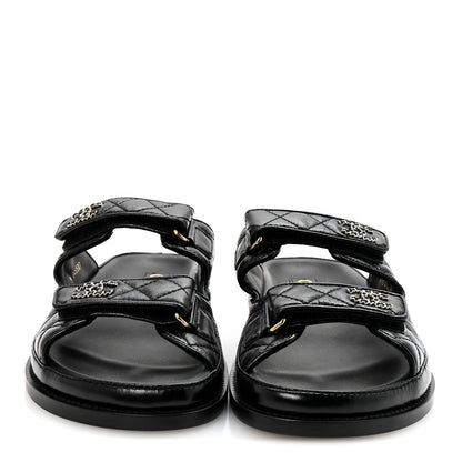 Chanel Lambskin Quilted Velcro Dad Chain CC Slide Sandals 38.5 Black 3 of 10
