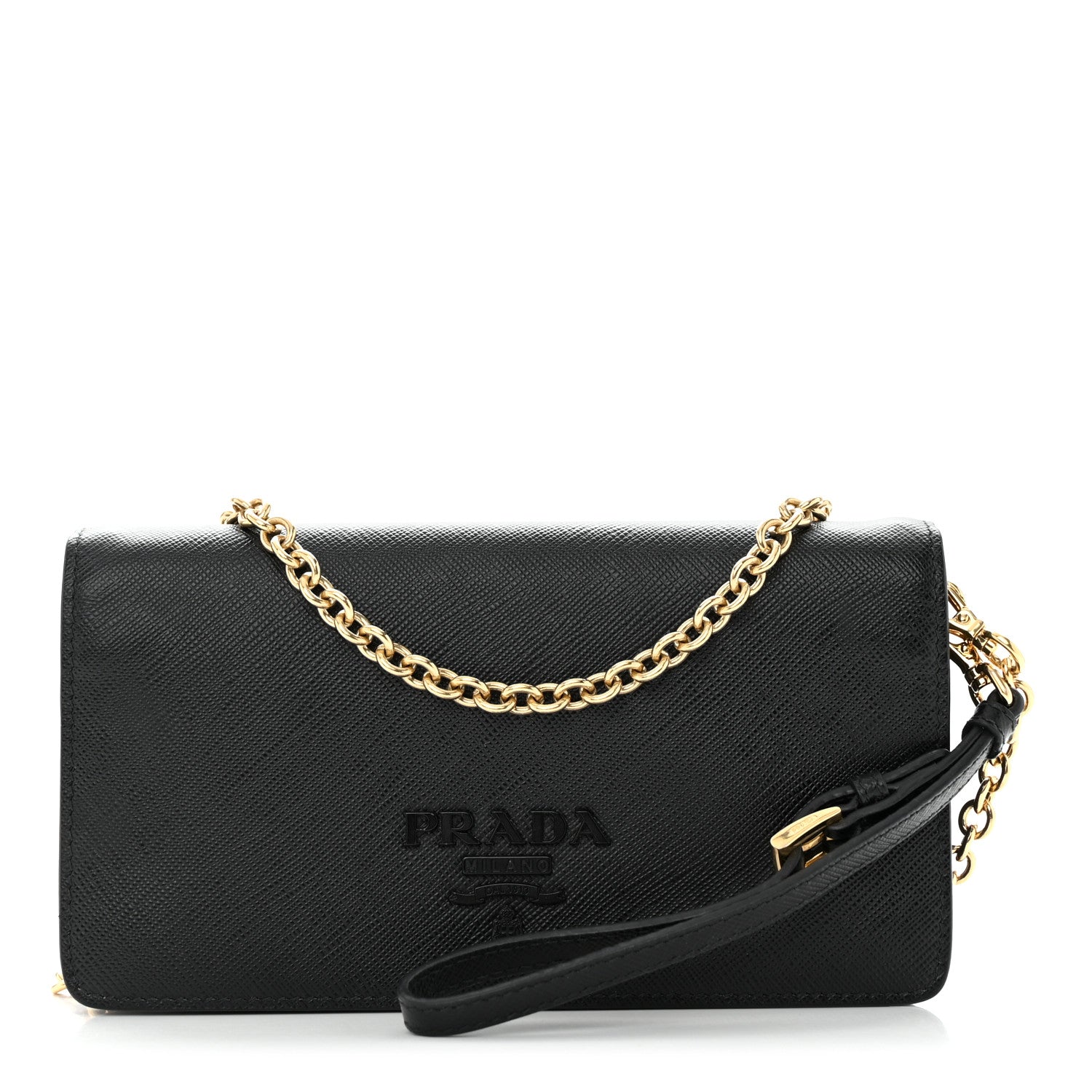 Prada Saffiano Shine Monochrome Mini Flap Crossbody Wristlet Bag Black 1 of 9