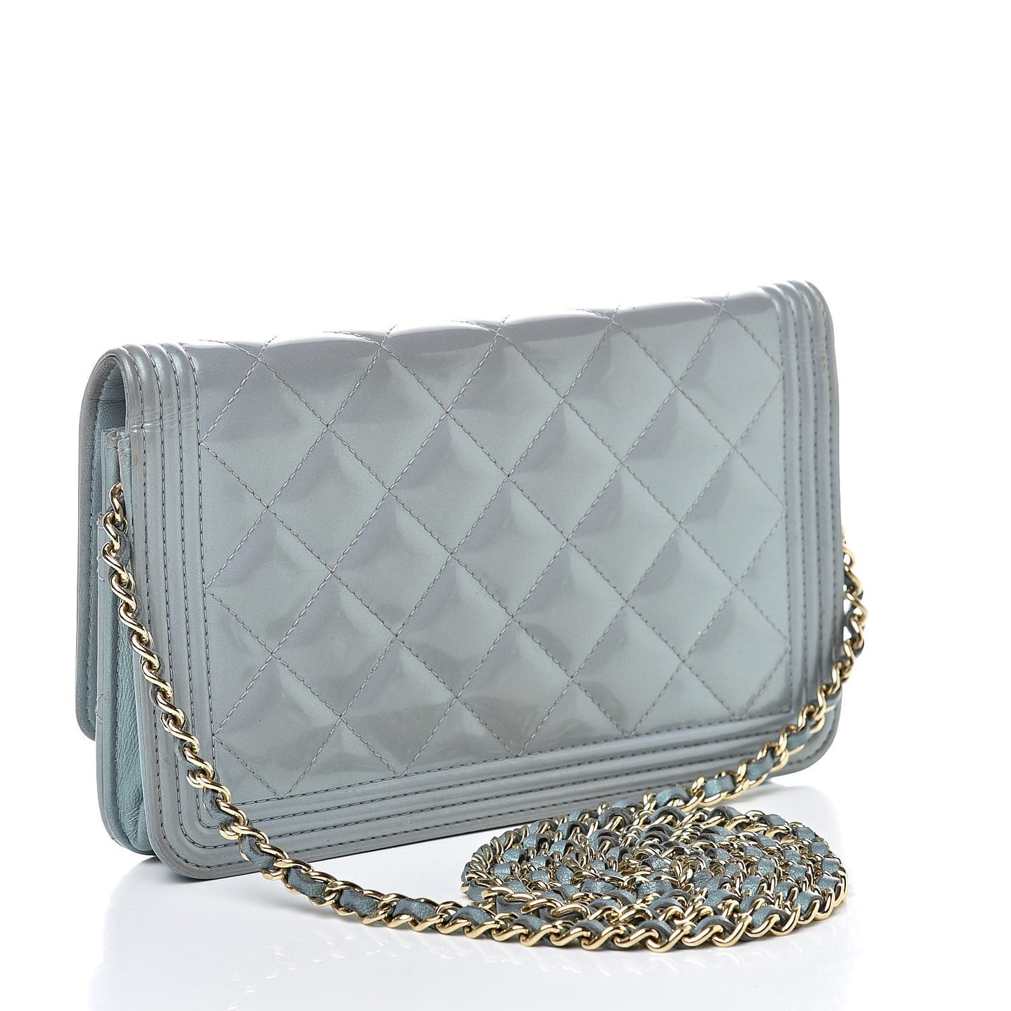 Metallic Patent Calfskin Quilted Boy Wallet on Chain WOC Light Blue