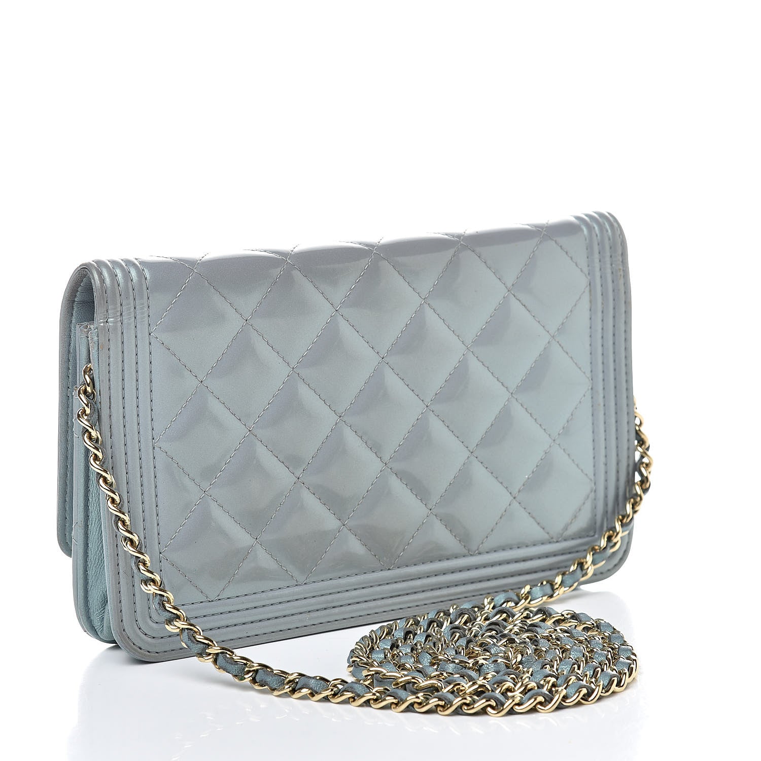 Chanel Metallic Patent Calfskin Quilted Boy Wallet on Chain WOC Light Blue 3 of 15