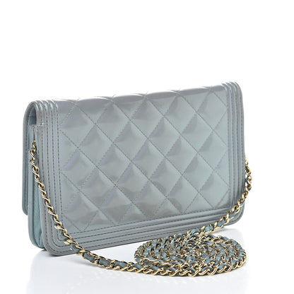 Chanel Metallic Patent Calfskin Quilted Boy Wallet on Chain WOC Light Blue 3 of 15